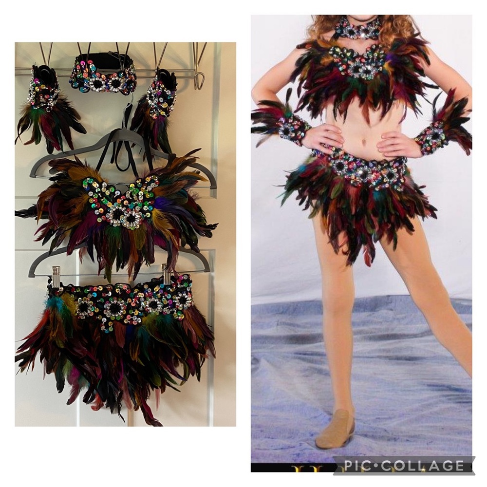 Multi colored feather large child costume, 5 pieces = bra skirt choker & 2 cuffs
